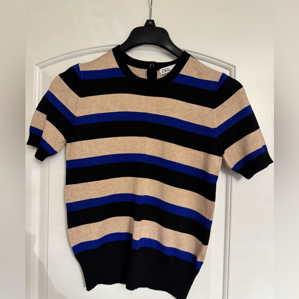 ZARA Women’s Crewneck Short-Sleeve Sweater – Black, Blue, and Tan Stripes